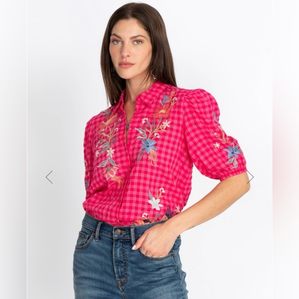 JOHNNY WAS | JORDAN LISBON SHIRT SMALL PINK EMBROIDERED PUFF SLEEVE BLOUSE